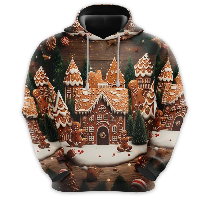 3D Print Christmas Gingerbread Graphic Hoodies Casual Long Sleeve Mens Pullover Hoodies Clothes Funny Xms Party Hoody Streetwear