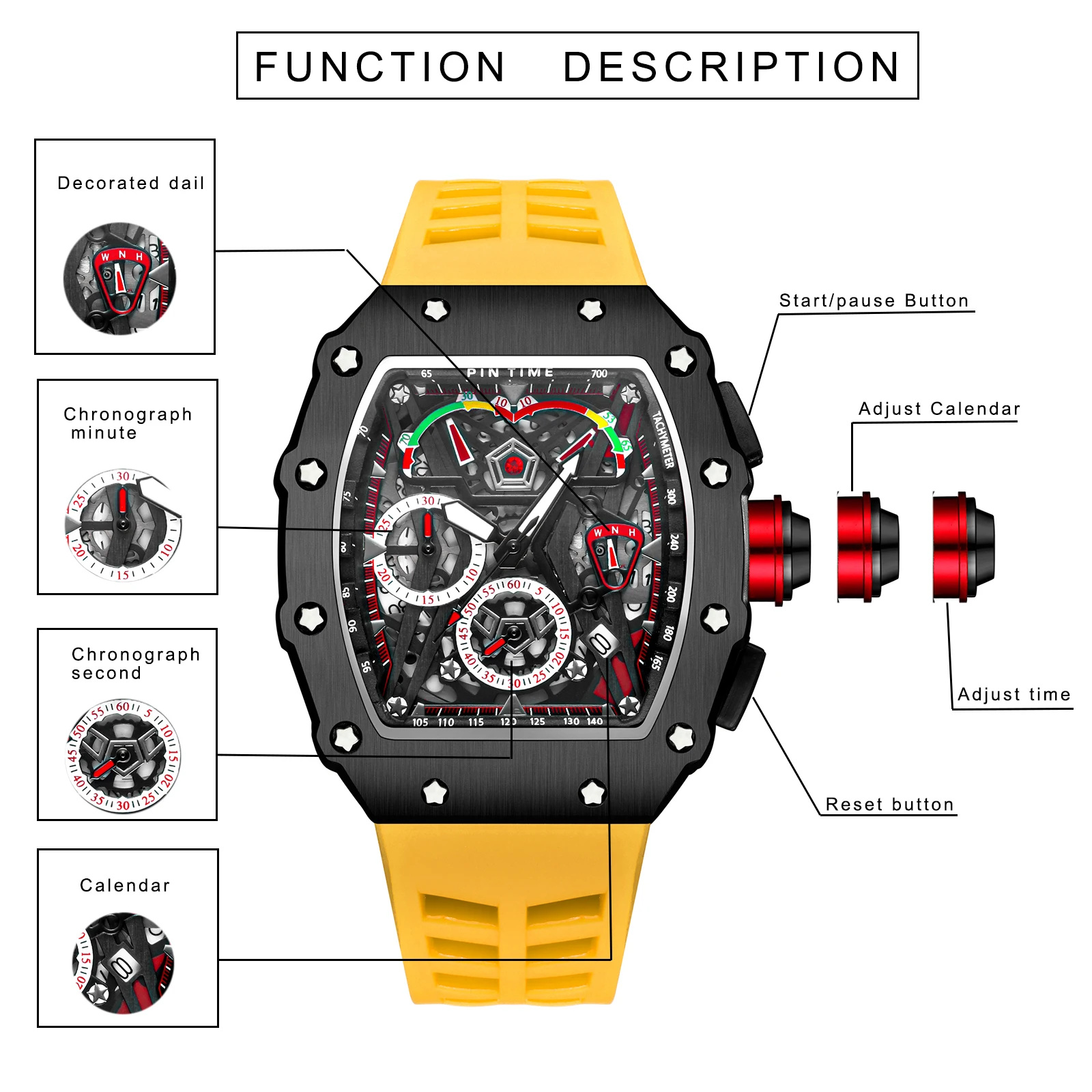 PINTIME Men Luxury Chronograph Hip Hop Watches Military Man Mens Red Wristwatch Clock Male zegarek meski montre