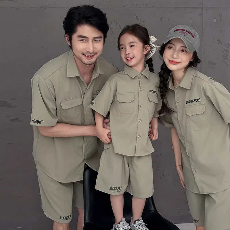 

2025 New Workwear Family Matching Outfits Two Piece Set Shirt and Shorts for Dad Mom Daughter Son Summer Outdoor Casual Clothes