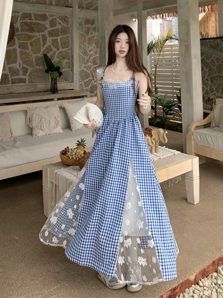 Zoki Sweet Plaid Long Dress Beach Style Women Elegant Lace Patchwork Korean Dress Fashion Slim Design Female Sexy Camis Vestidos