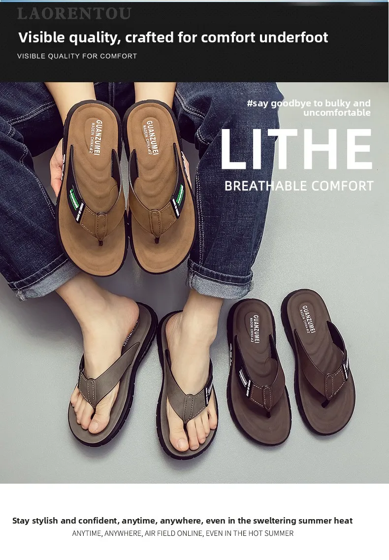 Herren-Leder-Flip-Flops, Sommer-Neuheit, rutschfest, dicke, weiche Sohle, verschleißfest, lässige Sandalen für Zuhause, draußen, Strand – Detail 4