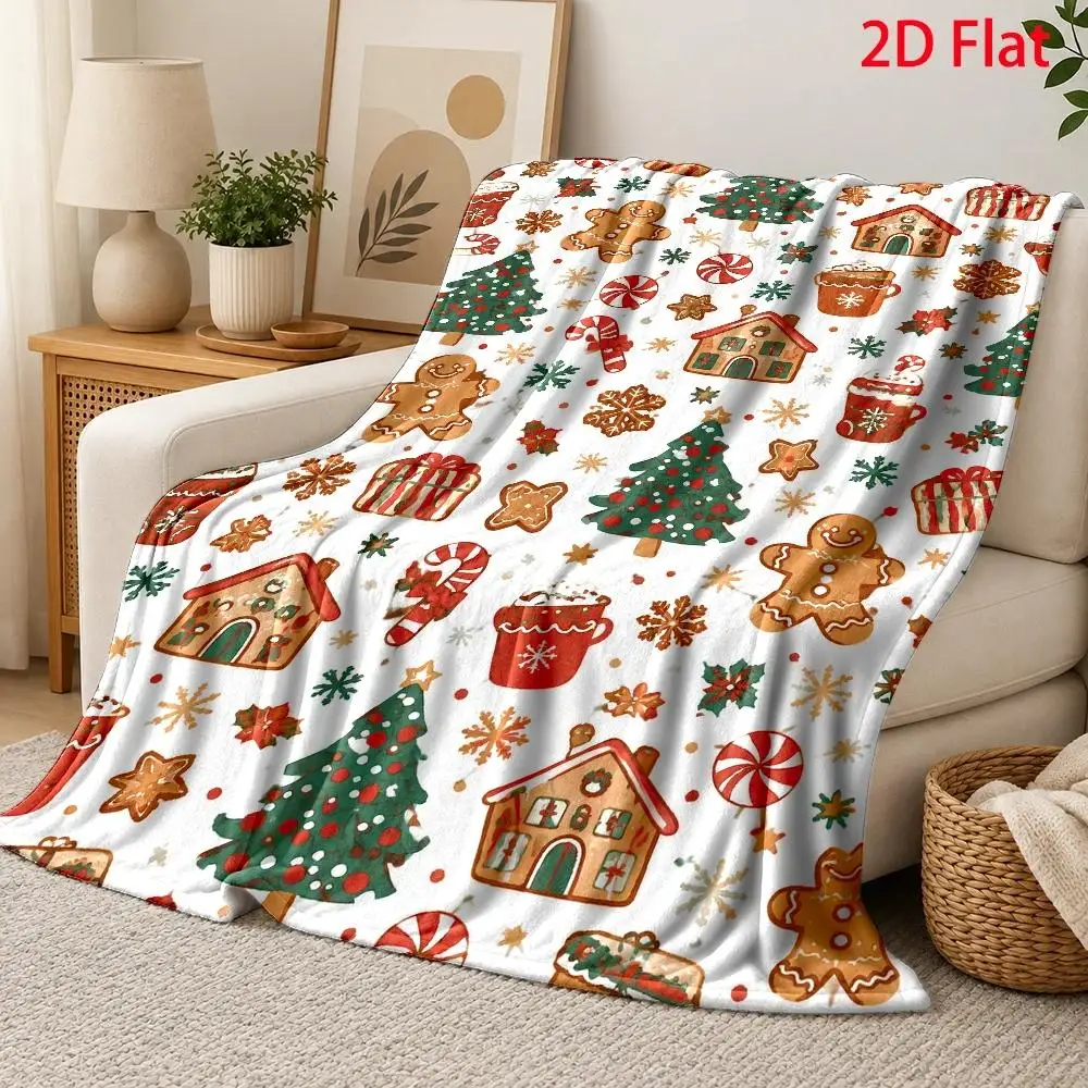 Christmas Gingerbread Flannel Blanket Candy Cane Tree House Cookie Holiday Throw Blanket for Sofa Bed Couch Bedroom Living Room Seasonal Home Decor Christmas Gift Cozy Nap Blanket Office Travel Winter Bedding Festive Room Accent Holiday Sofa Decor