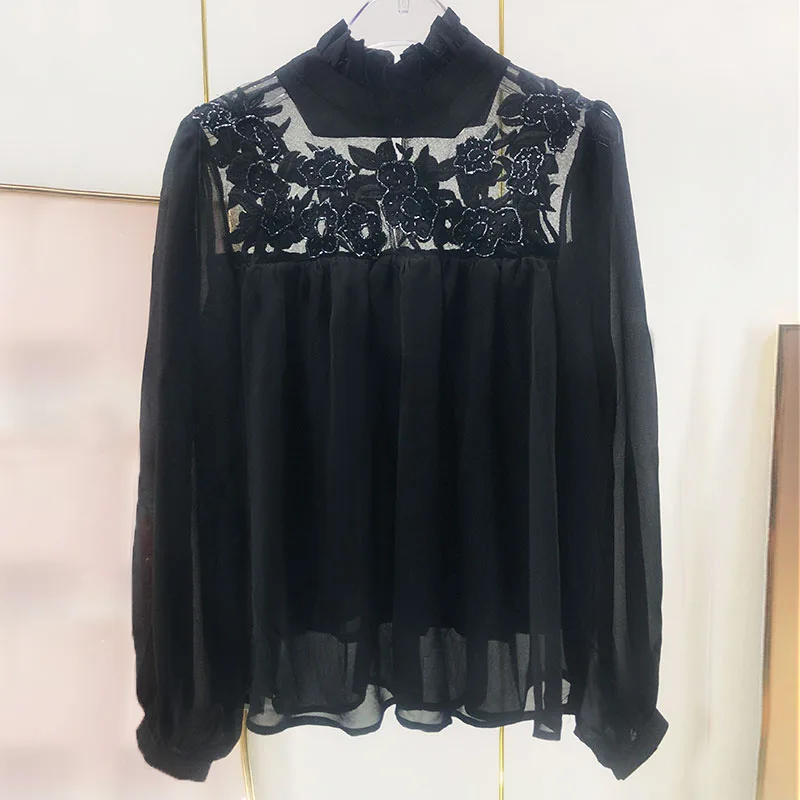 

2022 Autumn Fance Style Women's High Quality Flower Embroidered Beading Chiffon Shirt Blouses C506