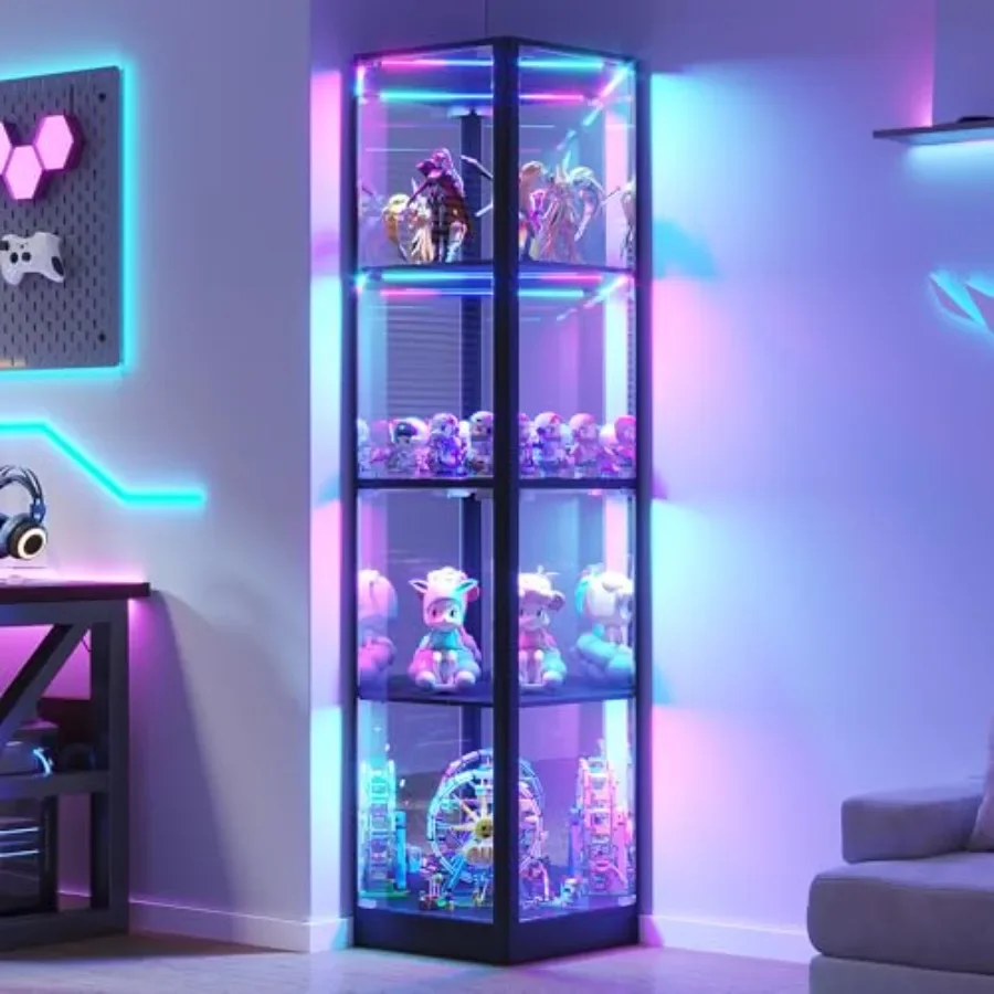 Corner Display Cabinet for Living Room, Tempered Glass Doors LED Lights, White Finish, Space-Saving Design