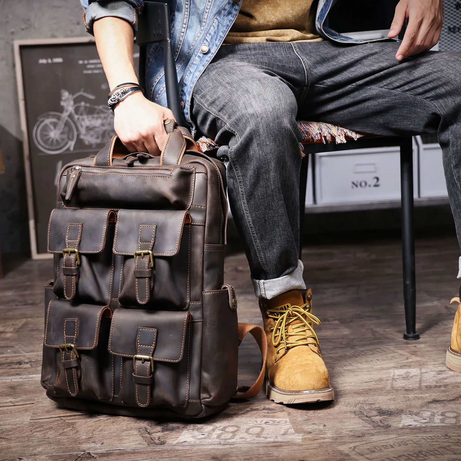 S.WORKER Vintage Echtleder-Rucksack 16 Zoll Laptop-Tasche Lässige Crazy-Horse-Leder Schultasche Outdoor-Reise-Weekender-Tasche – Detail 5
