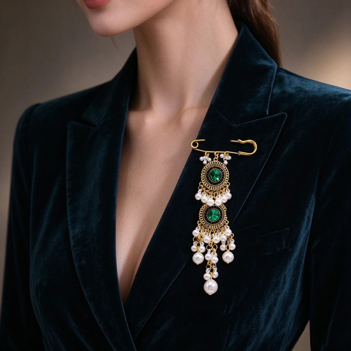 Vintage Court Style Safety Pin Brooch For Women Trendy Long Pearl Tassel Shiny Crystal Lapel Pin Indian Kurdish Turkey Jewelry