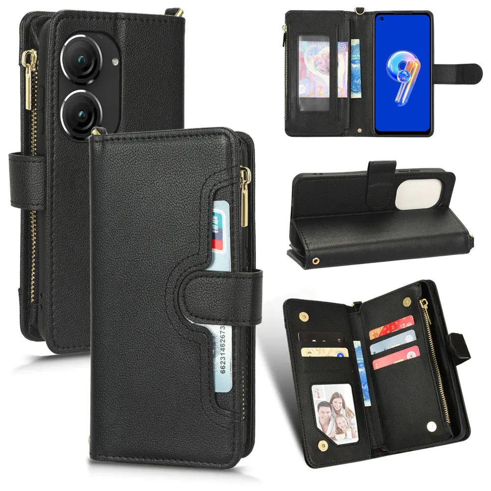 For ASUS Zenfone 9 5G 10 Retro Leather Case Wallet Book Zipper Card Slots Holder Flip Cover Zenfone 9 9Z 10Z Phone Bags Straps