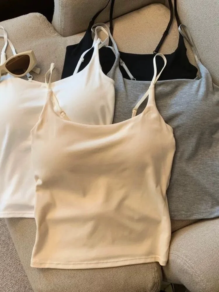 CHUANGERM Women Simple Tank Top Camisole Slimming Sling Strap Vest  Outerwear Inner Wear With Chest Pad For Girls