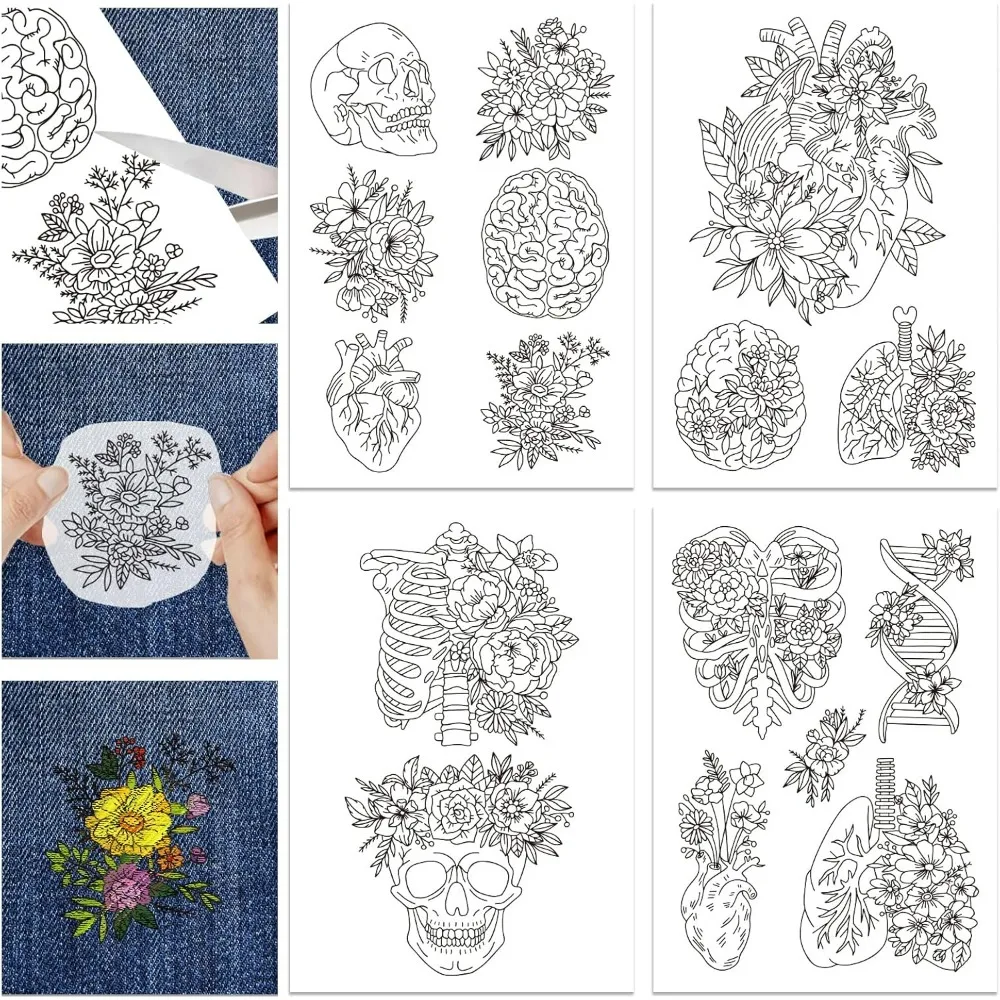 4 Sheets Flower and Organ Skeleton Water Soluble Stabilizer Hand Sewing Stabilizers with Pre Printed Stick and Stitch making kit