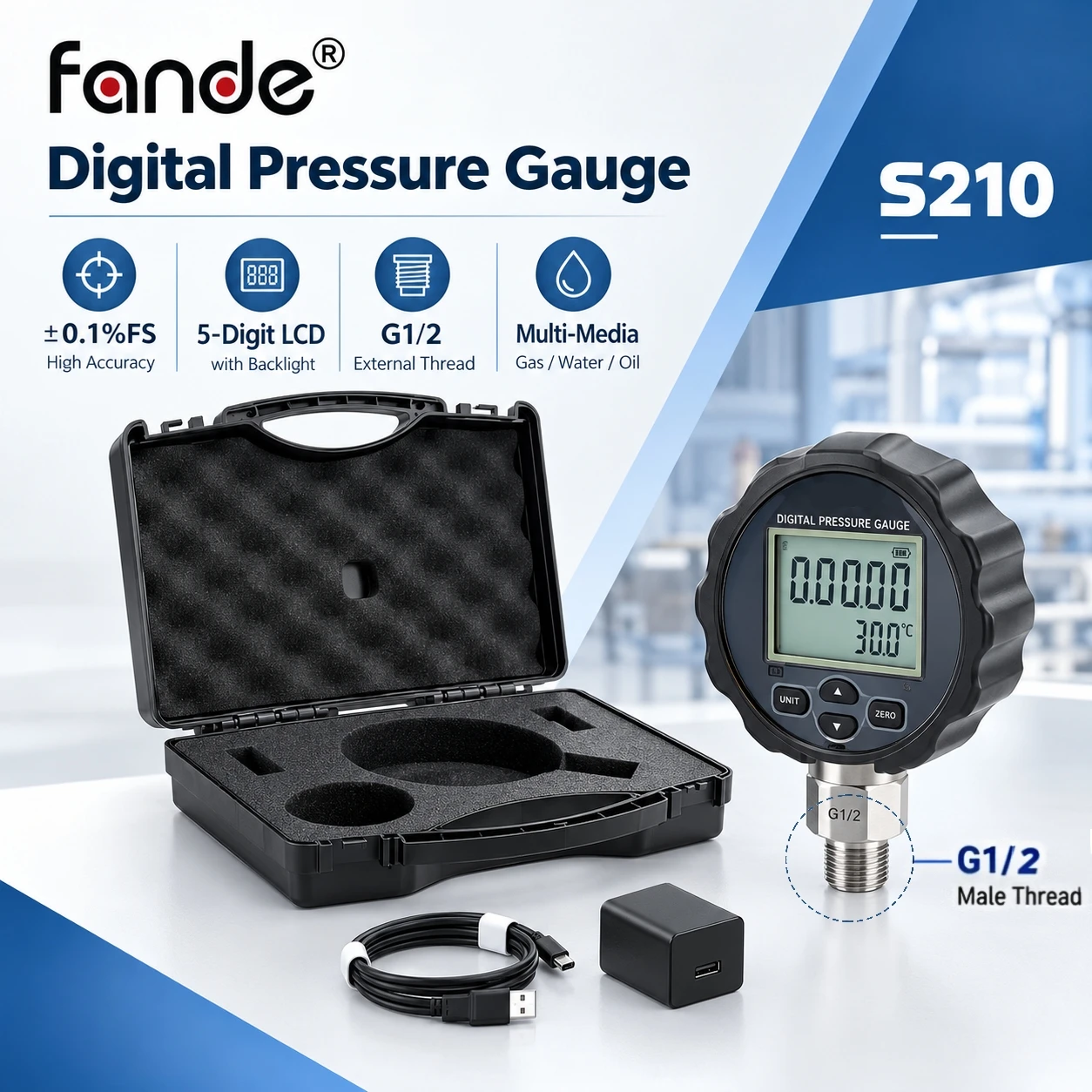 Precision Digital Vacuum Pressure Gauge ±0.1%FS G1/2 Thread 5 Digit LCD Negative Pressure Tester for Gas Water Oil Laboratory