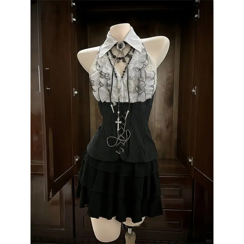 

Y2k Vintage Sleeveless Patchwork Top + Ruffled Tiered Mini Skirt Two-Piece Set Women Elegant Bodycon Retro Spring Summer