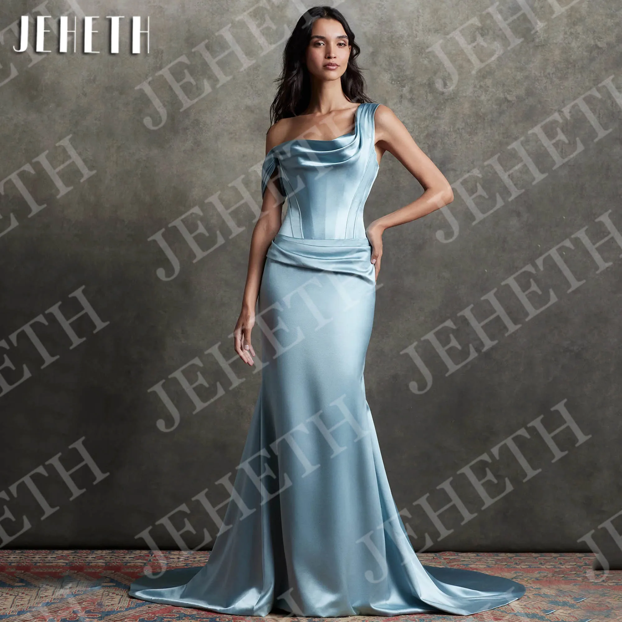 

JEHETH Mermaid Evening Party Dresses Elegant Off Shoulder Light Blue Satin Special Occasions Dress Woman Customized فساتين سهرة
