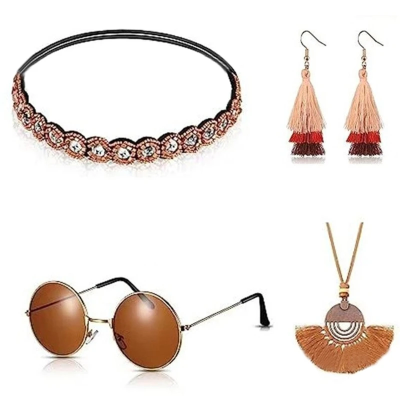 

4 Pcs Hippie Costume Set Necklace Earrings Sunglasses Headbands for Girls Women