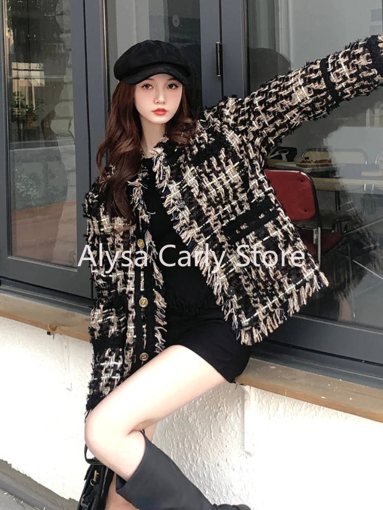 2023 Winter Tassel Woollen Jacket Women Casual Warm Loose Plaid Korean Style Coat Female Fashion Office Lady Elegant Jackets Y2k