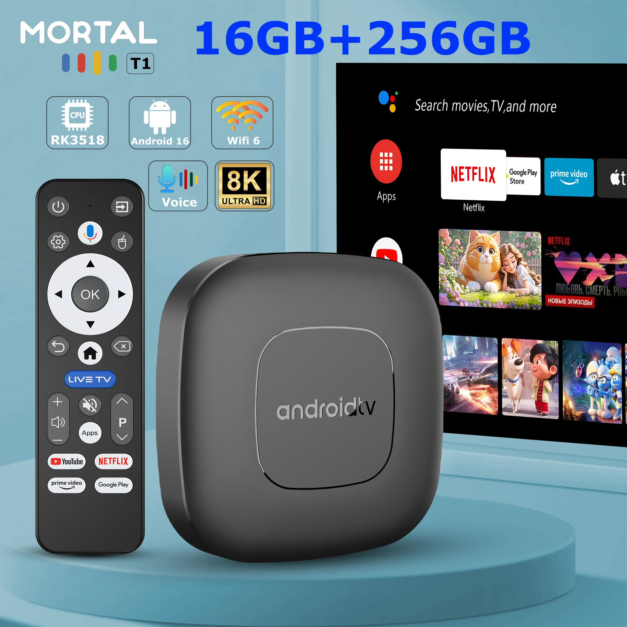 

2026 Mortal T1 Android Smart TV Box 16GB 256GB RK3518 голосовой помощник WIFI6 Bluetooth 5.4 8K HDR10 медиаплеер Set Top Box