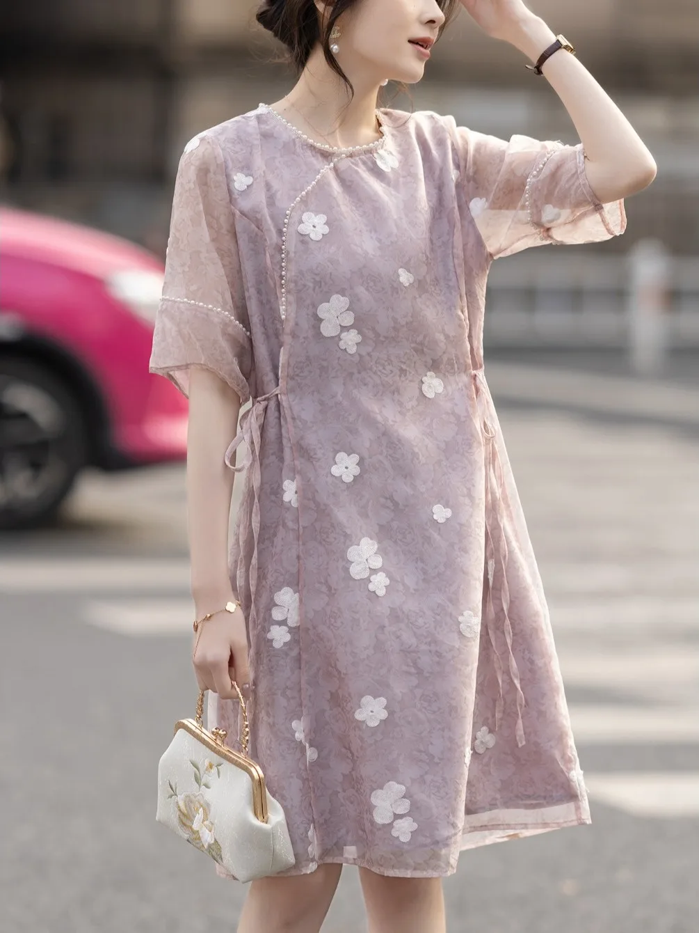 Vestido de talla ande para mujer, nuevo estilo chino, bordado, color mo, moda de verano, corte recto, Midi, cuello redo...