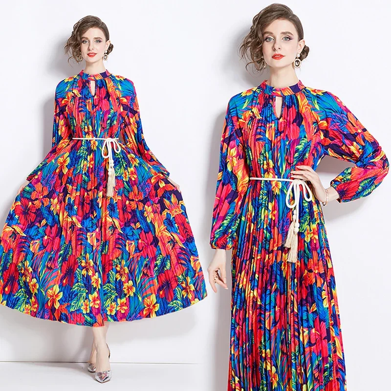 

2024 Autumn Multi-color Flower Print Lantern Sleeve Pleated Fringe Belt Dress Robe Longue Mousseline Femme