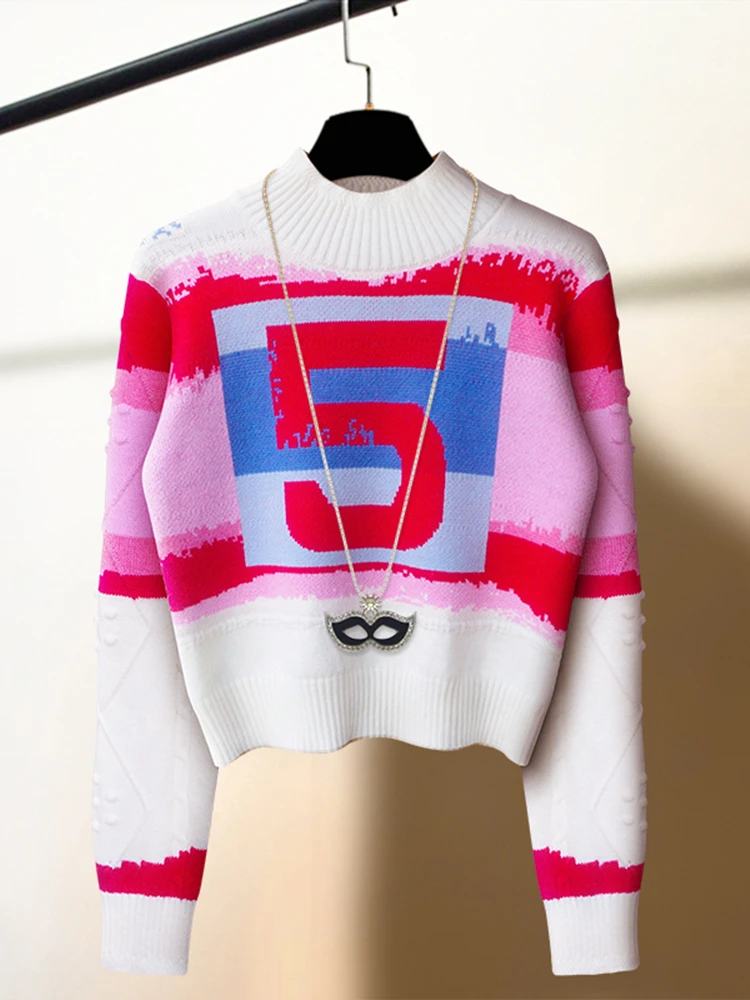 Runway Letter Striped Turtleneck Sweater Women Autumn Winter Clothes Y2k Vintage Sweaters Pink Chic Knitwear Top Pull Femme