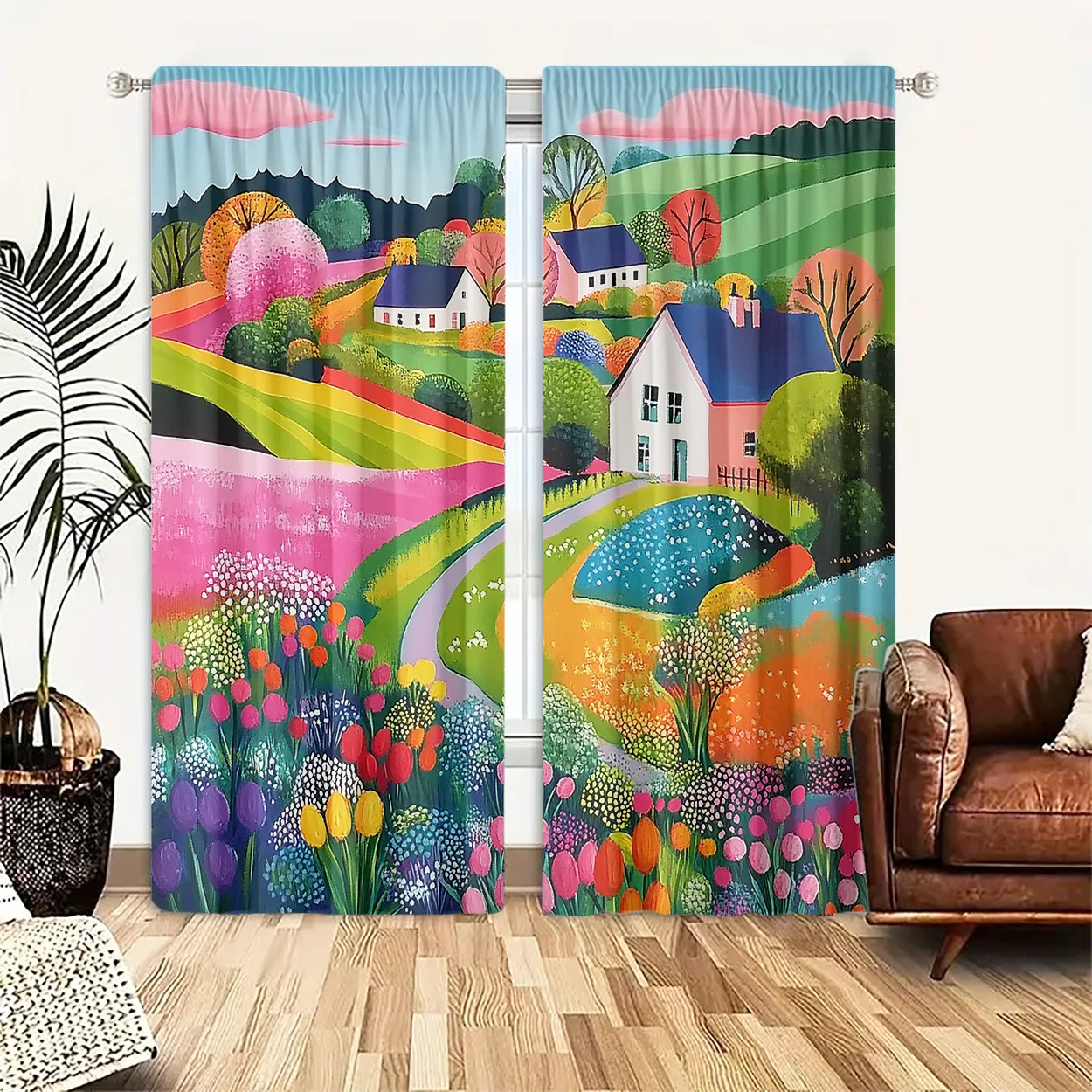 Matisse-style fairy-tale pastoral oil painting curtain with rod pocket design easy to hang, suitable for living room and office