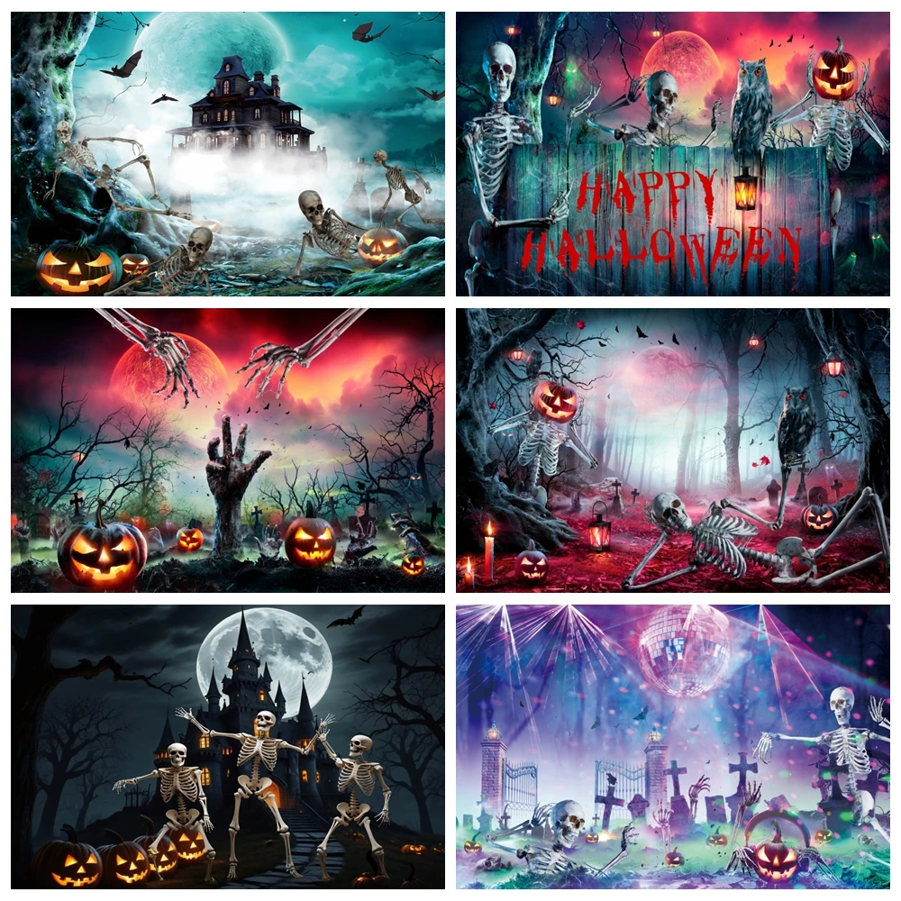 

Happy Halloween Party Backdrop Horror Skull Ghost Monster Pumpkin Bat Spooky Night Photography Background Kids Cosplay Supplies
