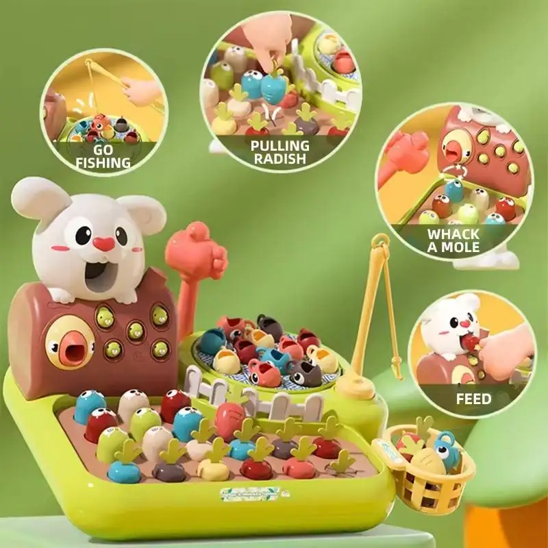 Happy Farm Hammer whack a mole speelgoed 4-in-1 elektronisch bordspel Hoge kwaliteit magnetisch visspel speelgoed voor peuters