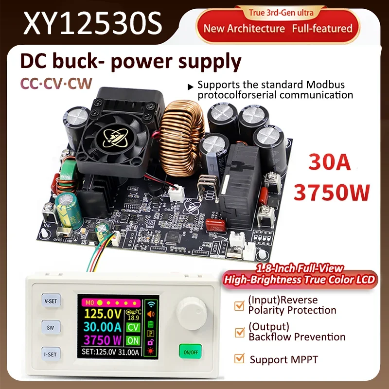 xy12530s-cnc-dc-adjustable-step-down-power-supply-with-constant-voltage-and-current-125v-30a-3750w-mppt-support-true-color-lcd