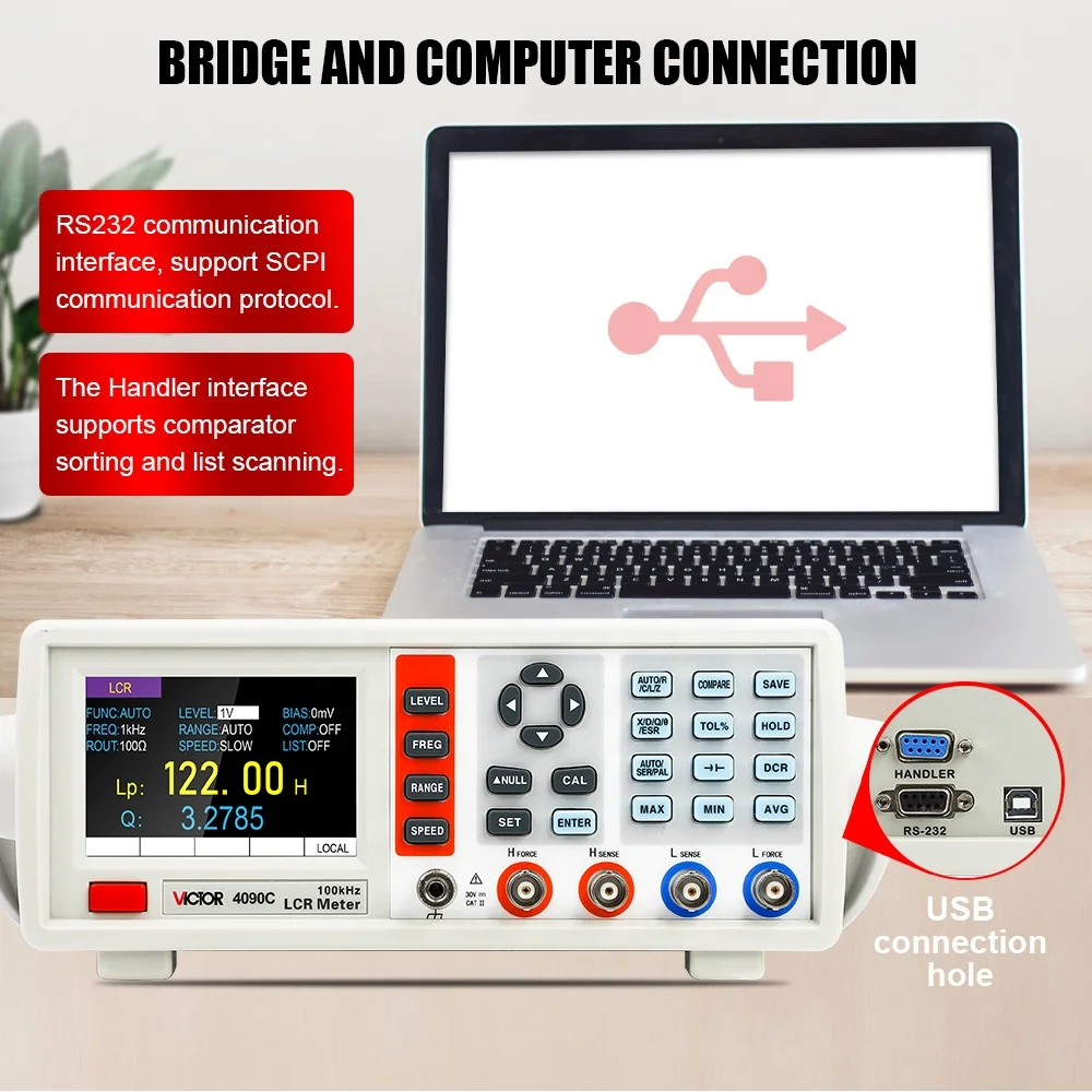 VICTOR 4090C wielokrotne testy częstotliwości i poziomu z podstawową dokładnością 0.1%.USB i RS232 miernik przebiegu mostu LCR 100KHz