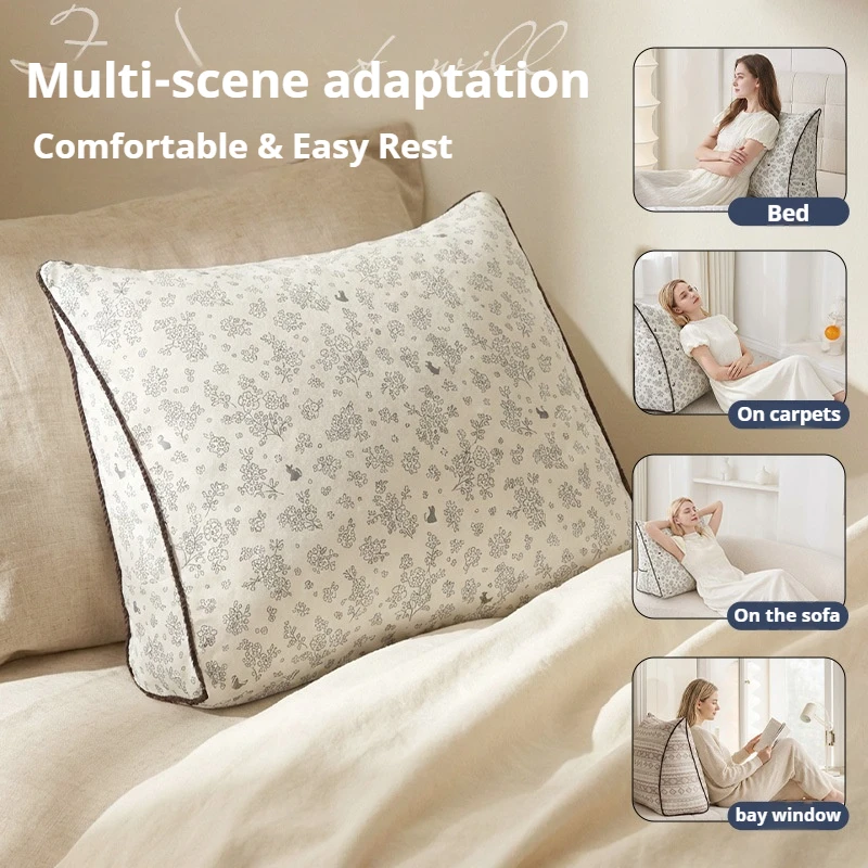 60cm Triangle Bed Wedge Backrest Pillow Breathable Reading Cushion with Side Pocket Detachable Cover for Bed Sofa Bay Window