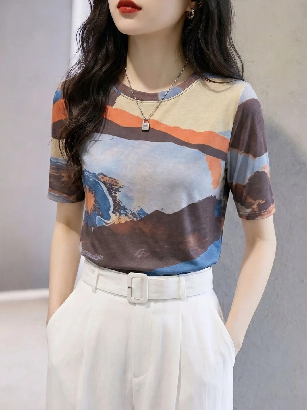 

Chic Short Sleeve T-Shirt Women's Fashionable Color Block Design Slimming Simple Match Summer Top Korean Style Straight Cut
