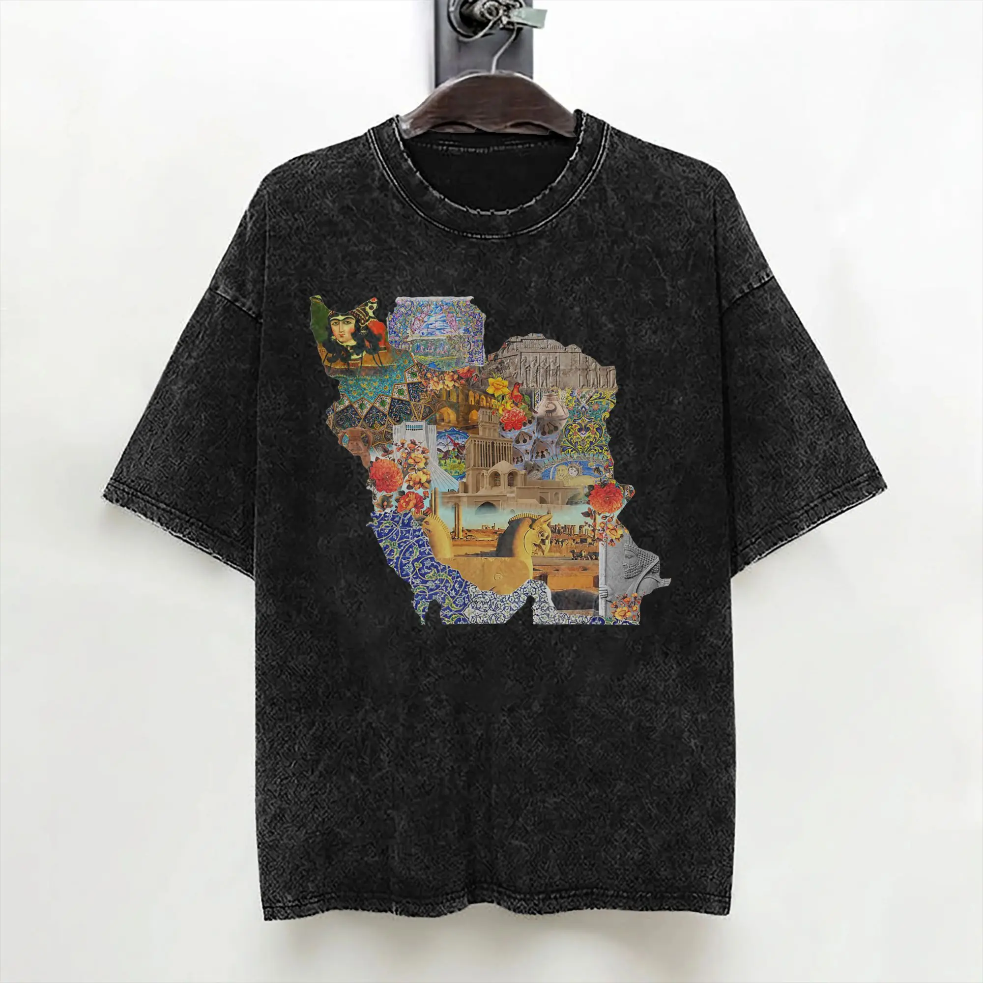 Iran Persian Map T Shirts Washed Cotton Harajuku T-Shirts  Vintage for Men Women Streetwear Printed Tops Tees