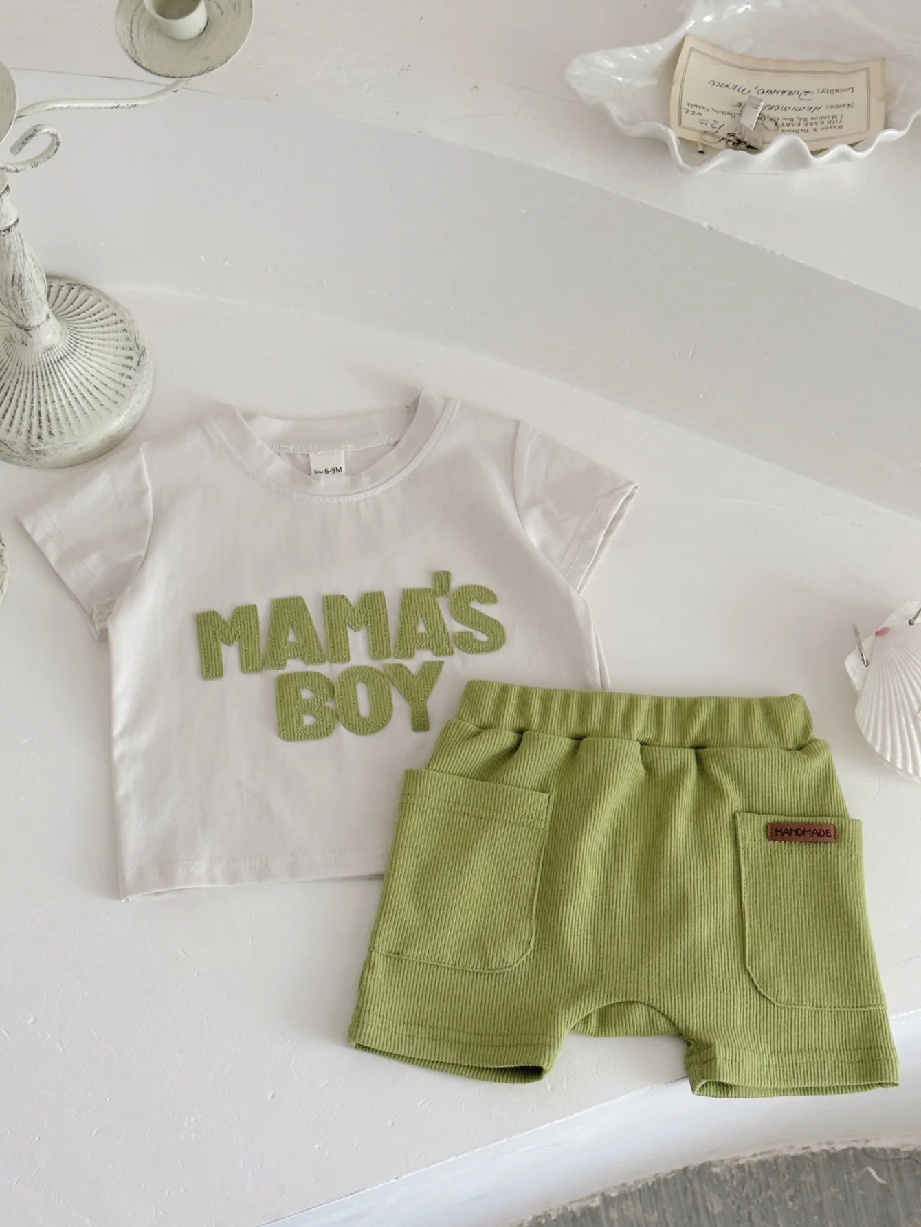 Summer Baby Set Letter Sticker Fabric Round Neck Top Bright Color Loose Shorts CasuaSleeve+Dark Green Sports Shorts New Clothing