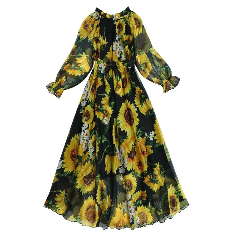 2023 Boho Beach Sunflower Print Maxi Dress Fashion Women Long Dress Full Sleeve Party Holiday Muslim Travel Photo Vestidos Robe