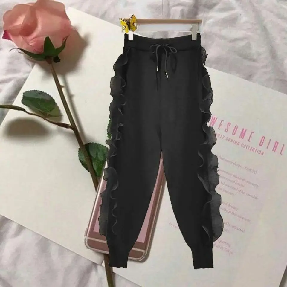 Nomikuma 2023 Spring Autumn Knitted Harem Pants Korean Ruffle Patch Long Trousers Causal Lace Up High Waist Sweater Pant Mujer