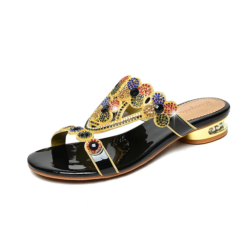 

New Rhinestone Sandals, Women'S High-Heeled Slippers, Summer Thick-Heeled Mid-Heeled Fashionable Flip-Flops For Wearing On The O