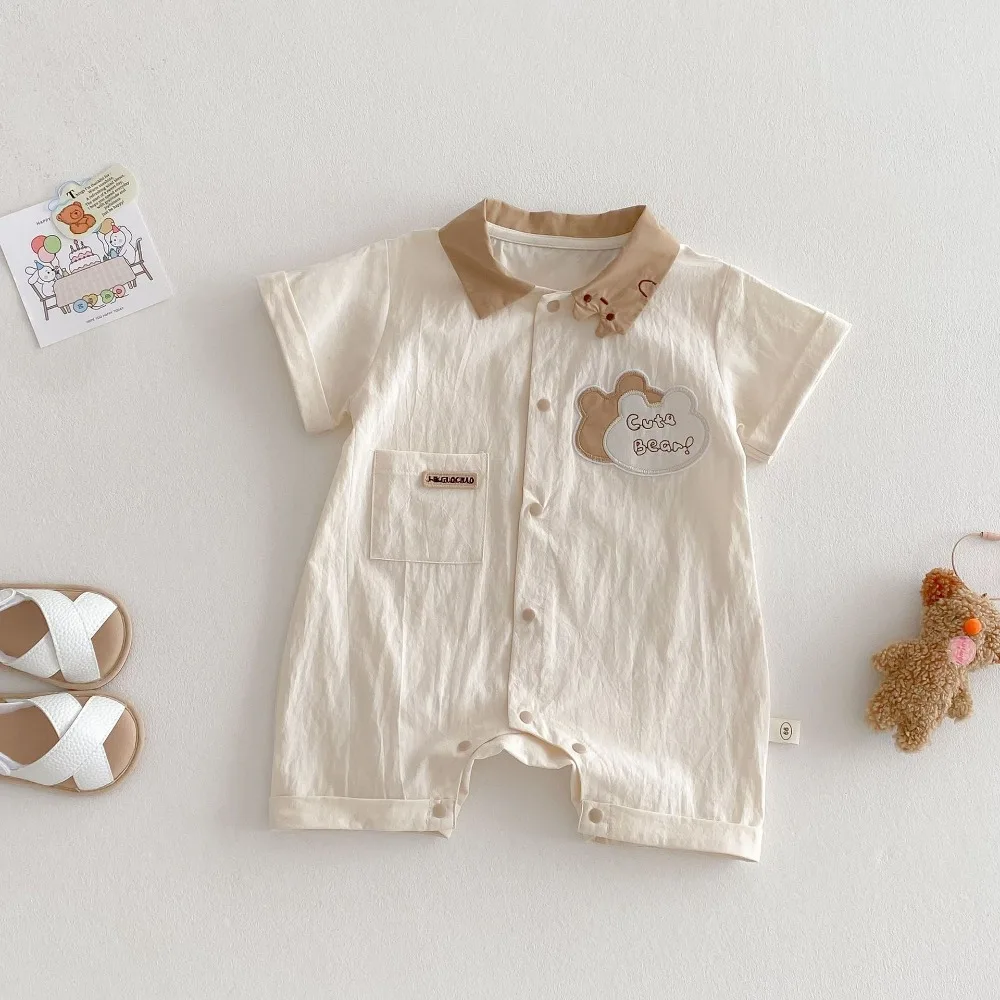 

2025 Summer Baby Boy Romper 0-2Years Newborn Girl Short Sleeve Turn Down Collar Cartoon Jumpsuit Korea Style Clothes
