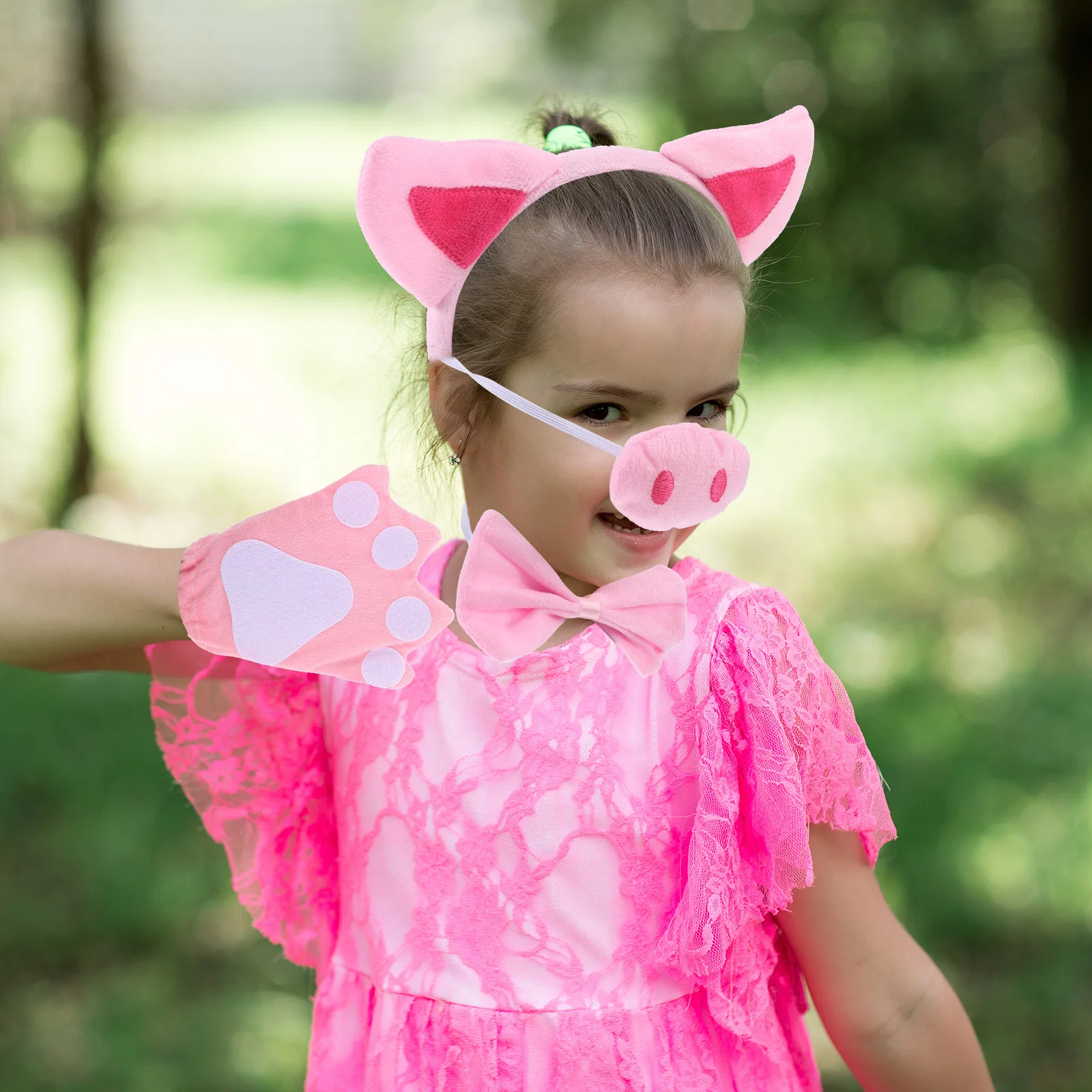 ชุดอุปกรณ์แต่งกายคอสเพลย์สัตว์หมู 1 ชุด ประกอบด้วยที่คาดผมหูหมู หาง โบว์ผูกผม ถุงมือ จมูก สำหรับงานปาร์ตี้ฮาโลวีน อุปกรณ์ประกอบฉากตกแต่ง