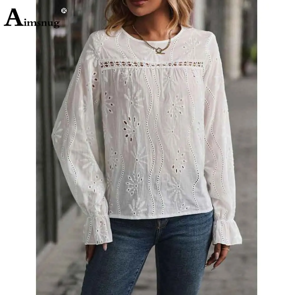 Women Elegant Lace Board Shirts New Summer Boho Flower Blouse Long Sleeve Basic Tops Ladies Shirt blusas Femmes Clothing 2025