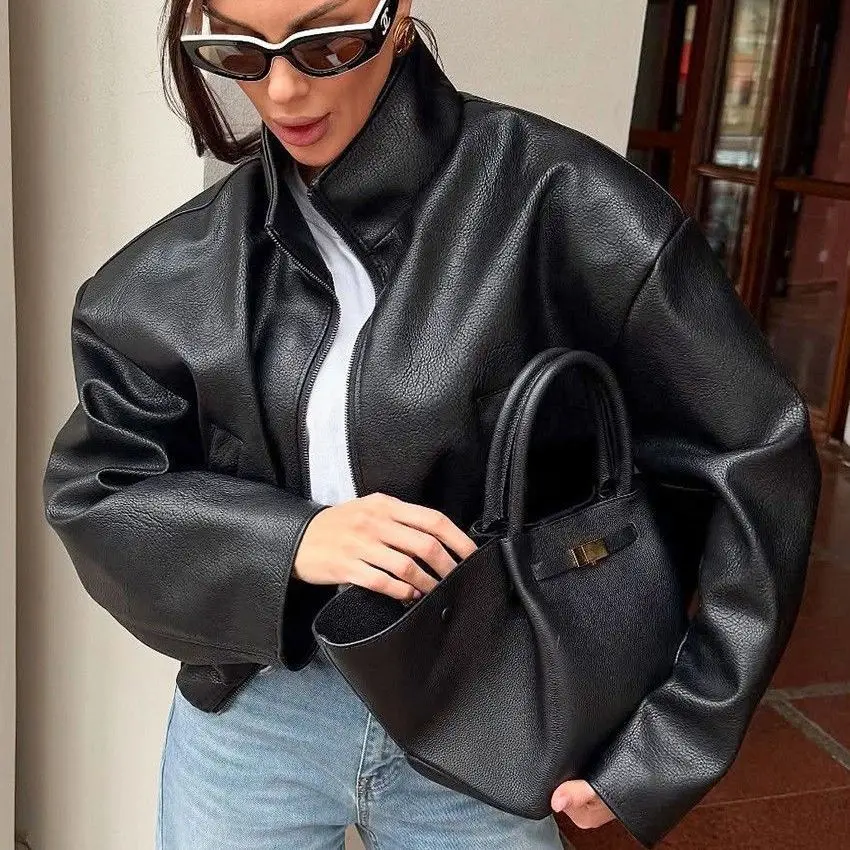 Vintage Autumn Winter Warm PU Leather Jacket Black Windproof Women Versatile Motorcycle Short Leather Jacket Faux Leather Coat