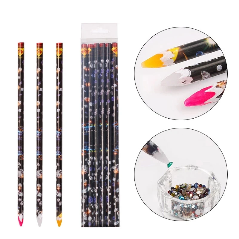 12pcs Crayon Wax Dotting Pen 3 Color Pencil Nail Art Self-adhesive Rhinestones Gems Drilling Picking Picker Tips Manicure Tools