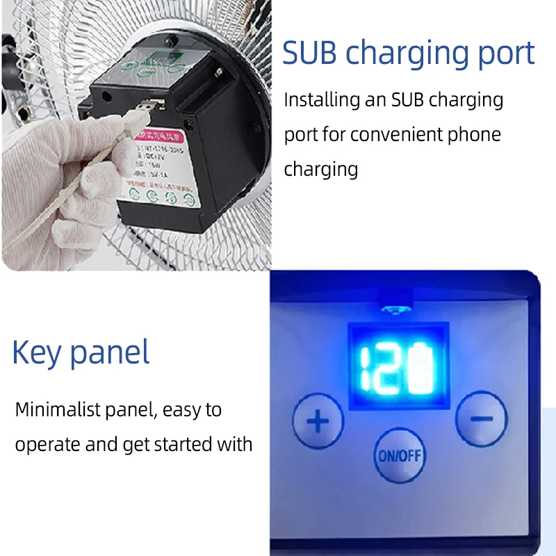 Ventilador Solar portátil de 14 pulgadas, dispositivo recargable con Panel Solar y cargador de CA, entrada Dual para acampar, pescar al aire libre