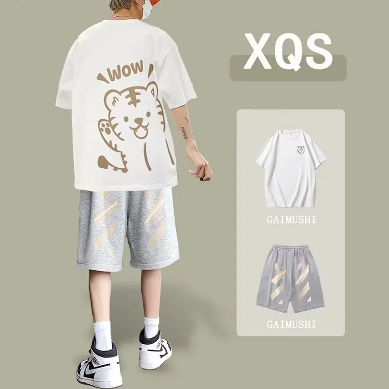 Men's Sports Suit Korean High Street Fashion Cotton T-shirt Shorts Two Piece Set Casual Men's Clothing Tiger Graphic Tee Pants