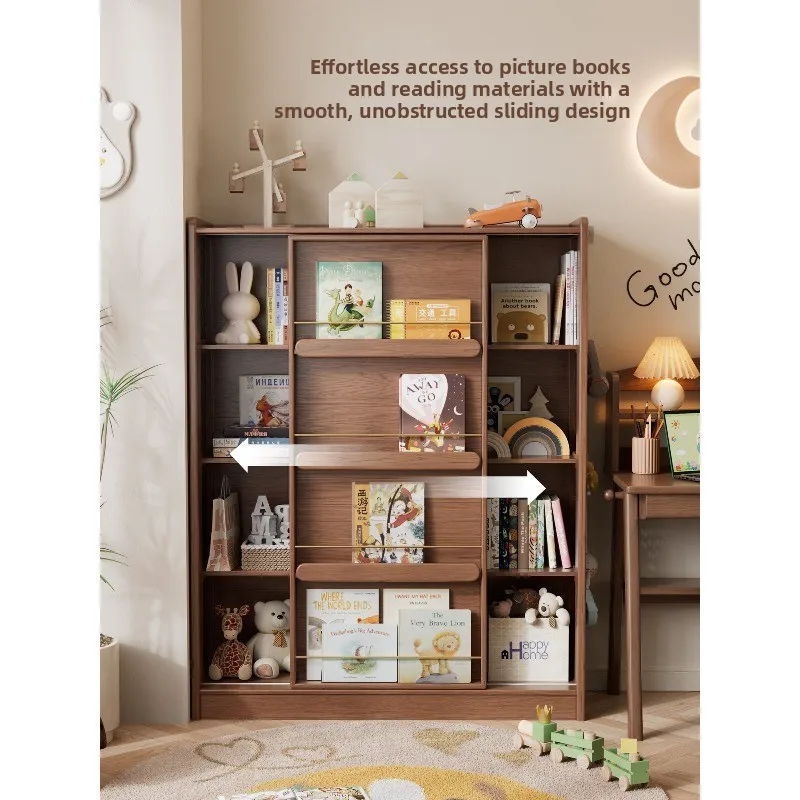 Solid wood bookshelf Floor-to-ceiling shelf Bookcase Locker integrated against the wall, multi-layer picture book rack sliding