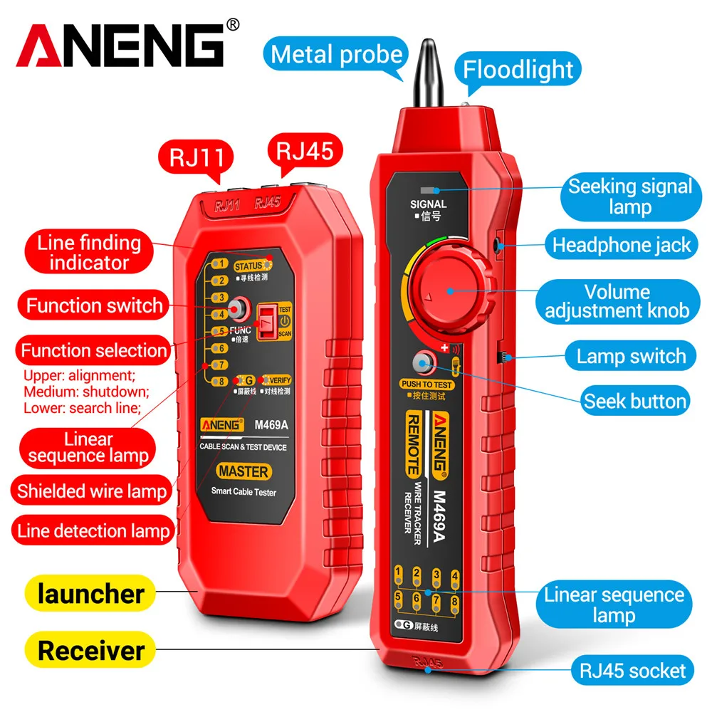 ANENG M469A Network Cable Tracker RJ45 RJ11 Networking Analyzer Multi LAN Cable Tester Finder with Flashlight for Network Repair