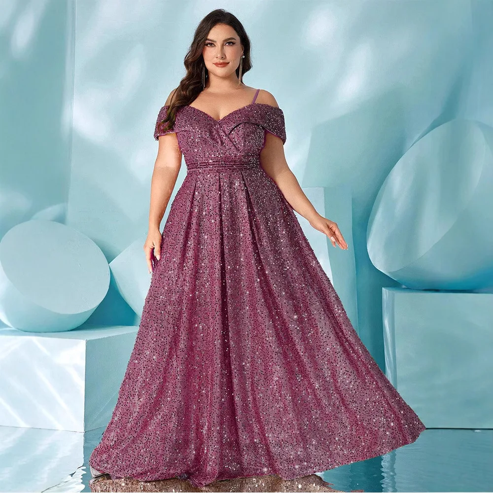 

Plus Size Mauve Sequin Tulle Maxi Dress Women Off Shoulder Spaghetti Strap Ruched Waist A Line Formal Evening Wedding Guest Gown