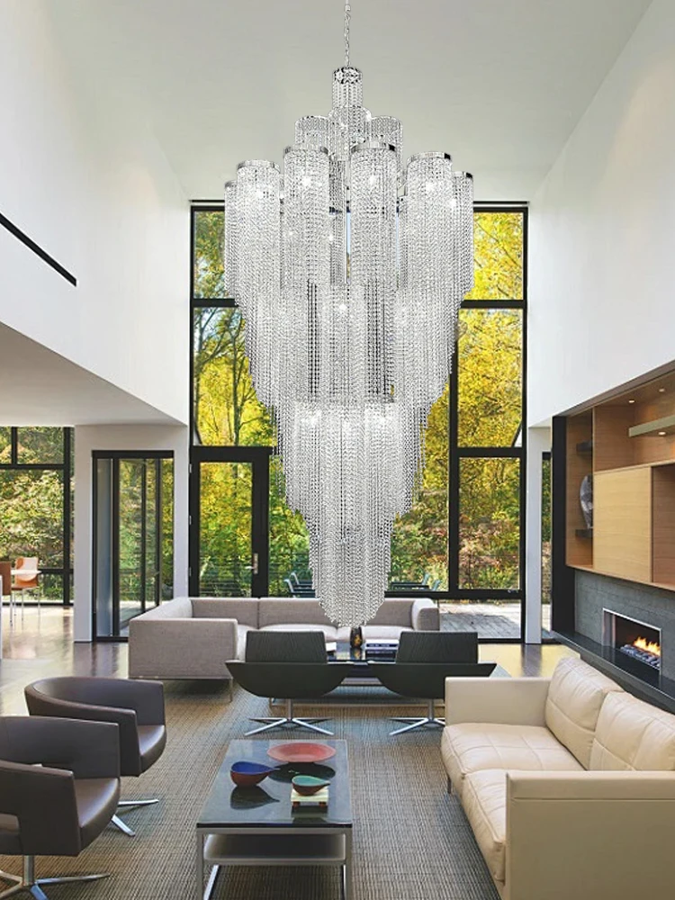 

Modern Large Luxury Silver Crystal Waterfall Chandelier Decoration Villa Duplex Loft Stairwell Long High Hanging Lamp Lustres