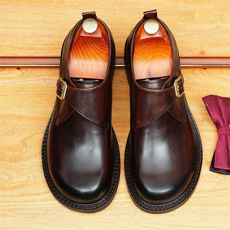 

Dress Monk Shoes Men's Genuine Leather Buckle Oxfords Slip-on Round Toe Formal Business Wedding Shoes Bride Handmade