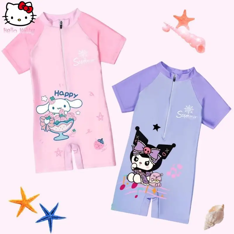 

Children Kawaii One-Piece Swimsuit Kuromi Girls Cartoon Anime Beach Short Sleeved Shorts Swimsuit Quick Drying Breathable