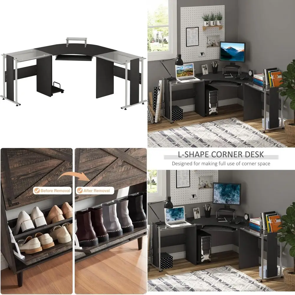 Modern L-Shaped Tempered Glass Computer Desk with Elevated Monitor Stand, Rolling CPU Holder, and Pull-Out Keyboard Tray