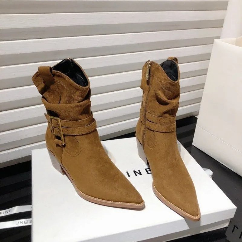 

2026 Brown Suede Kitten Heel Western Boots Pointed Toe Slip-on Pleated Coarse Heel Mid-Calf Boots Ea Fashion Autumn and Winte