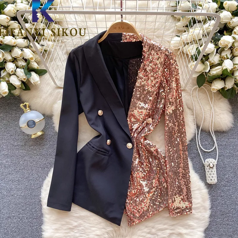 

Sequins Suit Jacket Spliced Fashion Double Breasted Blazer Jacket Women Autumn 2023 New Elegant Chic Blazers Coat Female
